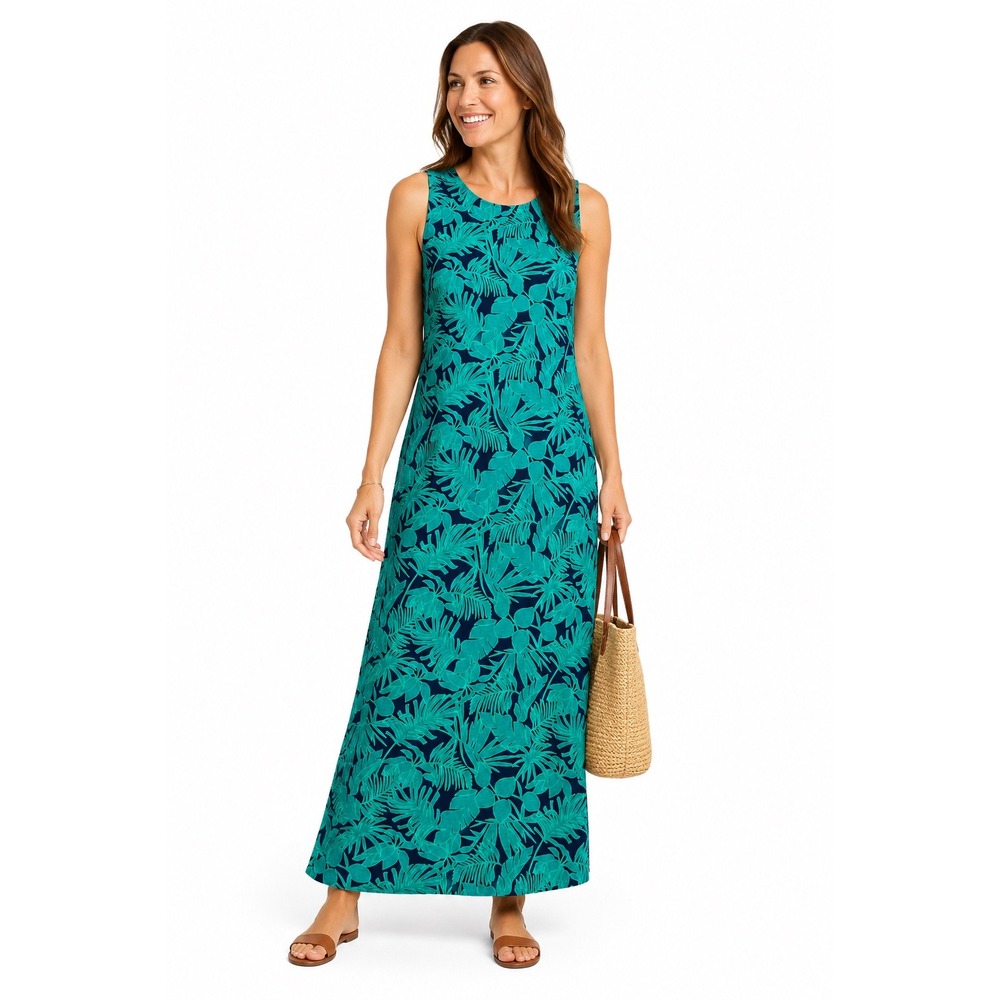 Lands End Womens XS Green Navy Blue Tropical Palm Leaf Cotton Maxi Dress Pockets